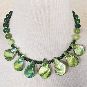 Iridescent Lime & Forest Green Shell Agate Statement Bib Necklace